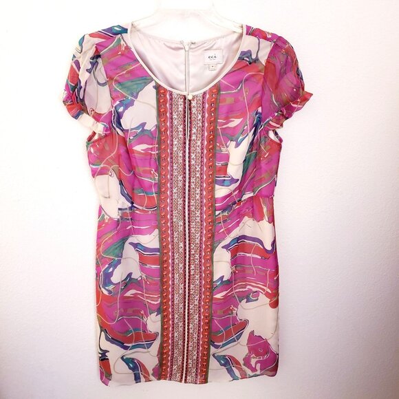ECI  Beaded and Embroidered Colorful Cocktail Short Sleeve Dress Size 14 EUC - Picture 1 of 10